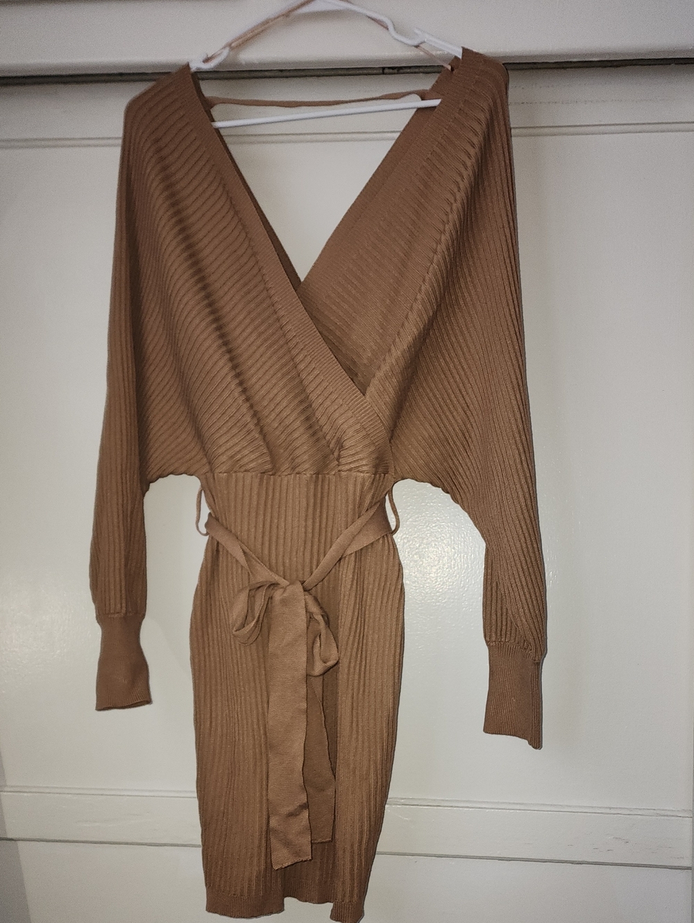 Love Tree Ribbed Wrap Belted Long Sleeve Dress in Camel Brown